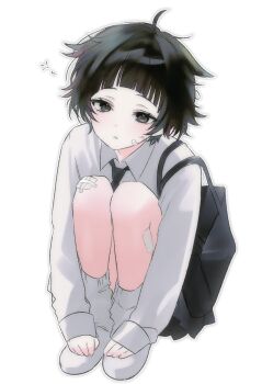 Rule 34 | 1girl, bag, black bag, black hair, black necktie, blunt bangs, collared shirt, commentary request, gauze on knee, grey eyes, highres, hugging own legs, korean commentary, long sleeves, loose socks, necktie, original, school uniform, shirt, shoes, short hair, shoulder bag, sitting, so seo, socks, solo, squeans, white background, white shirt, white shoes, white socks