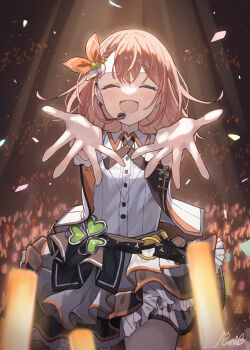 1girl ^_^ audience belt black_belt black_skirt bow braid brown_hair buttons closed_eyes clover_hair_ornament collared_shirt commentary_request cowboy_shot eyelashes frilled_skirt frills glowstick grey_pantyhose hair_between_eyes hair_bow hair_ornament hanasato_minori happy headset highres idol indoors layered_skirt light_blush light_particles medium_hair more_more_jump!_(project_sekai) o-ring o-ring_belt open_mouth orange_bow outstretched_arm palms pantyhose penlight_(glowstick) project_sekai ruri_3607 shirt short_sleeves signature single_braid single_sleeve skirt smile solo spotlight stage studded_belt two-tone_bow white_bow white_shirt white_skirt