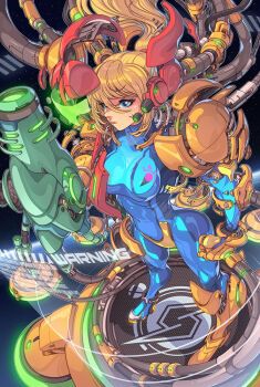 arm_cannon armor blonde_hair blue_eyes bodysuit disassembly edwin_huang green_visor hologram metroid nintendo normal_suit_(metroid) power_armor power_suit_(metroid) samus_aran skin_tight weapon zero_suit