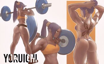 arms_behind_head ass barbell bare_back bare_shoulders bikini bleach breasts character_name collarbone dark-skinned_female dark_skin exercising hair_ornament highres long_hair medium_breasts ponytail purple_hair shihouin_yoruichi shoes simple_background string_bikini swimsuit thighs toned toned_female weightlifting yellow_eyes zukululuu