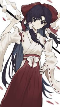 1girl :| bow closed_mouth detached_sleeves expressionless feet_out_of_frame gohei hair_bow hair_tubes hakama hakurei_reimu hakurei_reimu_(pc-98) hand_on_own_hip hand_up highres holding holding_gohei japanese_clothes kimono long_hair looking_at_viewer miko purple_eyes purple_hair red_bow red_hakama ribbon-trimmed_sleeves ribbon_trim shiye_hong sidelocks solo touhou touhou_(pc-98) very_long_hair waist_bow white_bow white_kimono white_sleeves wide_sleeves