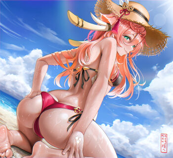 1girl absurdres ass bare_arms bare_shoulders barefoot beach bikini blue_sky blush breasts cloud day dutch_angle elocca from_behind genshin_impact green_eyes hair_between_eyes hat highres kneeling long_hair looking_at_viewer looking_back medium_breasts ocean partially_visible_vulva pink_hair puckered_anus sky smile solo sun_hat swimsuit thighs water wet yanfei_(genshin_impact)