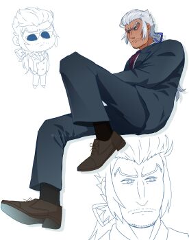 Rule 34 | 1boy, aquiline nose, artist name, black pants, black socks, blue ribbon, brown footwear, catovyen, classicaloid, closed mouth, commentary, dress shoes, drop shadow, english commentary, facial hair, full body, goatee stubble, grey hair, highres, johann sebastian bach (classicaloid), male focus, mature male, multiple views, mustache stubble, nose, pants, ponytail, ribbon, simple background, socks, stubble, tan, v-shaped eyebrows, white background