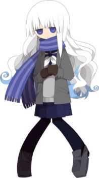 blue_eyes blue_hair blue_scarf blue_skirt funamusea funamusea_(artist) grey_jacket grey_shoes grey_sweater jacket kohri_(funamusea) loafers long_hair multicolored_hair neckerchief official_art pantyhose pleated_skirt scarf school_uniform serafuku shoes skirt striped_clothes striped_scarf sweater sweater_vest white_background white_hair white_neckerchief