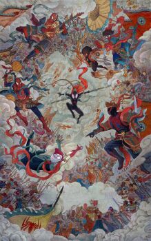 Rule 34 | 2023, 6+boys, 6+girls, absurdres, acrobatics, adapted costume, afro, armlet, army, belt, bodysuit, character request, chinese clothes, chinese text, cloud, crossover, crown, dark-skinned female, dark skin, dynamic pose, epic, faceless, goggles, guitar, gwen stacy, hagoromo, highres, holding, holding instrument, holding weapon, hood, instrument, jacket, jessica drew, jewelry, jian (weapon), logo, marvel, marvel, mask, mecha, miguel o'hara, miles morales, multiple boys, multiple girls, multiple persona, official art, parody, pavitr prabhakar, peter b parker, peter parker, phoenix crown, polearm, poster (medium), qiang (weapon), robot, scarlet spider, shawl, silk, skin tight, sky, sp//dr, spear, spider-gwen, spider-ham, spider-man, spider-man: across the spider-verse, spider-man: into the spider-verse, spider-man (2099), spider-man (miles morales), spider-man (series), spider-man india, spider-man noir, spider-punk, spider-verse, spider-woman, spider web, spider web background, spider web print, spikes, staff, style parody, superhero costume, sword, toon (style), weapon