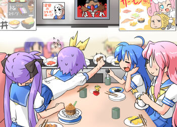 4girls :&gt; ahoge blue_hair blue_sailor_collar blue_skirt blurry blurry_background blush bow chopsticks commentary_request conveyor_belt conveyor_belt_sushi cup cupcake dr._eggman fish_(food) food glasses grey_bow hair_bow hairband hiiragi_kagami hiiragi_tsukasa hinata_yukari ichii_yui indoors izumi_konata long_hair looking_at_another lucky_star multiple_girls neckerchief nigirizushi nonohara_yuzuko open_mouth pink_hair plate plate_stack pleated_skirt purple_hair sailor_collar school_uniform seaman seaman_(game_character) sega_dreamcast_(sega_hard_girls) sega_hard_girls serafuku shaking shirt short_hair short_sleeves siblings sisters sitting skirt sonic_(series) sushi sweatdrop table takara_miyuki twintails unyoon_(koorin) water white_shirt yellow_hairband yellow_neckerchief yunomi yuyushiki