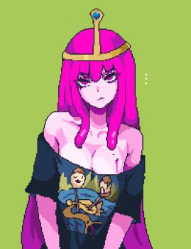 ... 1girl adventure_time bare_shoulders black_shirt breasts cleavage closed_mouth collarbone colored_skin commentary green_background hashtag-only_commentary highres long_hair looking_at_viewer medium_breasts mole mole_under_eye pink_eyes pink_hair pink_skin pixel_art pixelcadete princess_bonnibel_bubblegum print_shirt shirt short_sleeves simple_background solo upper_body