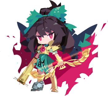 1girl alternate_costume arm_cannon armor artist_request asymmetrical_footwear bird_wings blush bow bow_(weapon) breastplate cape control_rod_(touhou) full_body game_cg gold_armor green_bow green_skirt hair_bow highres holding holding_bow_(weapon) holding_weapon long_hair looking_at_viewer mismatched_footwear non-web_source official_art pink_eyes red_cape reiuji_utsuho self-datamine shoulder_armor skirt solo third_eye third_eye_on_chest tohotopia touhou transparent_background weapon wings