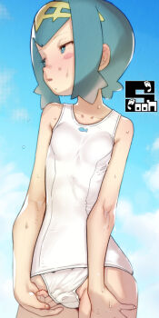 1girl adjusting_clothes adjusting_swimsuit blue_eyes blue_hair blue_sky breasts highres lana_(pokemon) loli looking_to_the_side nintendo no_sclera old_school_swimsuit one-piece_swimsuit pokemon pokemon_sun_and_moon school_swimsuit short_hair sky small_breasts solo soon_(c-u-soon) swimsuit upper_body white_one-piece_swimsuit