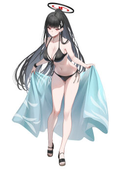 1girl bikini black_bikini black_hair blue_archive breasts bright_pupils cleavage front-tie_bikini_top front-tie_top hair_ornament hairclip halo high_ponytail holding holding_towel koisuke large_breasts long_hair navel ponytail red_eyes rio_(blue_archive) sandals side-tie_bikini_bottom solo standing swimsuit towel white_background white_pupils wristband