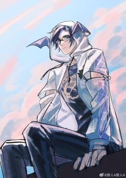 1boy absurdres arm_cutout arm_support black_pants black_shirt blue_eyes blue_hair chinese_commentary clarence_clayden clarence_clayden_(animal_doll) closed_mouth clothing_cutout cloud commentary_request crabwzzzz crew_neck curtained_hair day dragon_wings drawstring feet_out_of_frame from_below glasses highres hood hood_up hooded_jacket jacket light_smile long_sleeves looking_at_viewer lovebrush_chronicles male_focus mole mole_under_eye official_alternate_costume pants print_shirt shirt short_hair sideways_glance sitting solo swept_bangs watermark weibo_watermark white_jacket winged_hood wings