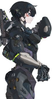 1girl absurdres black_hair blue_eyes breasts cyborg from_side helmet highres looking_to_the_side machine mechanical_arms mechanical_legs original profile science_fiction short_hair small_breasts white_background yunimaru