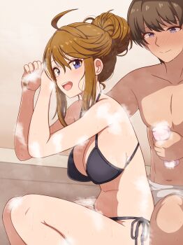 1boy 1girl absurdres bikini black_bikini breasts brother_and_sister commission hair_between_eyes hair_bun highres idolmaster idolmaster_million_live! large_breasts milliani pixiv_commission purple_eyes siblings sidelocks smile soap_bubbles swimsuit tokoro_megumi topless_male towel upper_body