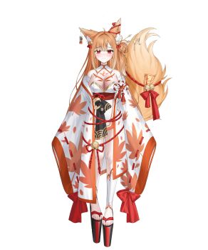 1girl animal_ear_fluff animal_ears bell blush breast_tattoo breasts closed_mouth fox_ears fox_girl fox_tail full_body gradient_hair hair_bell hair_ornament highres large_breasts leaf_print looking_at_viewer multicolored_hair official_art okobo open_clothes orange_hair platform_clogs platform_sandals promisu red_eyes red_nails sandals sera_(promisu) simple_background smile solo standing tachi-e tail tattoo toenails toes transparent_background virtual_youtuber xiho_(xi_ho_)