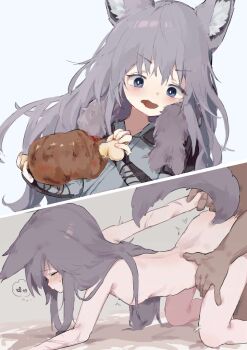 1boy 1girl all_fours animal_ear_fluff animal_ears arm_grab arm_held_back arm_up breasts closed_eyes completely_nude doggystyle eating food food_in_mouth grey_eyes grey_hair grey_shirt heart hetero highres loli long_hair meat motion_lines nude original sequential sex sex_from_behind shirt small_breasts tail thigh_grab trembling unitedunti vaginal wolf_ears wolf_tail