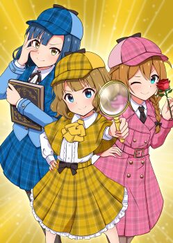 Rule 34 | 3girls, absurdres, ascot, baba konomi, belt, blue eyes, blue hair, blue hat, blue skirt, book, braid, brown hair, coat, commentary request, detective, fleurs (idolmaster), flower, hand on own face, hand on own hip, hat, highres, holding, holding book, holding flower, holding magnifying glass, idolmaster, idolmaster million live!, idolmaster million live! theater days, idolmaster million live! theater days brand new song, long sleeves, looking at viewer, magnifying glass, mimiu p, multiple girls, nanao yuriko, one eye closed, pink belt, pink coat, pink hat, plaid belt, plaid clothes, plaid coat, plaid hat, plaid skirt, red flower, red rose, rose, short hair, single braid, skirt, standing, suou momoko, yellow ascot, yellow background, yellow eyes, yellow hat, yellow skirt