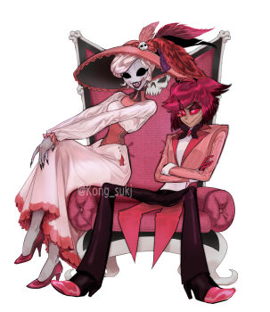 1boy 1girl alastor_(hazbin_hotel) animal_ears armchair black_eyes black_lips black_nails black_sclera chair colored_sclera colored_skin crossed_arms demon_girl dress grey_skin grin hat hazbin_hotel hellaverse high_heels highres kong_sukj_(sugju) long_sleeves looking_at_viewer monocle nail_polish pants red_eyes red_hair red_hat rosie_(hazbin_hotel) sharp_teeth shirt shoes short_hair sitting smile teeth two-tone_dress white_dress white_hair