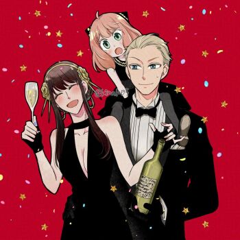 1boy 2girls ahoge anya_(spy_x_family) arm_around_waist bare_shoulders black_bow black_bowtie black_choker black_dress black_gloves black_hair black_jacket black_suit blonde_hair blue_eyes bottle bow bowtie carrying champagne_flute child choker closed_eyes closed_mouth collarbone collared_shirt confetti cow cup dress drinking_glass earrings flower formal_clothes gloves gold_earrings gold_hairband green_eyes grey_pantyhose hair_flower hair_ornament hair_slicked_back hair_stick hairband hairpods highres holding holding_bottle holding_cup hoop_earrings jacket jewelry kinak03 long_hair medium_hair multiple_girls open_mouth pantyhose piggyback pink_hair plunging_neckline red_background shirt short_hair sidelocks sleeveless sleeveless_dress smile spy_x_family suit suit_jacket sweatdrop twilight_(spy_x_family) twitter_username updo white_shirt yor_briar