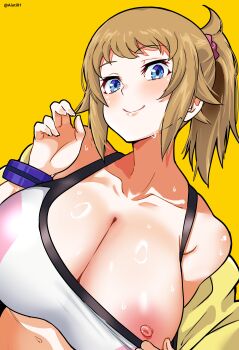 1girl absurdres aiuti blue_eyes blush breasts cleavage clothes_pull collarbone gundam gundam_build_fighters gundam_build_fighters_try highres hoshino_fumina large_breasts light_brown_hair looking_at_viewer midriff nipples ponytail simple_background smile solo sports_bra sports_bra_pull sweat two-tone_sports_bra upper_body