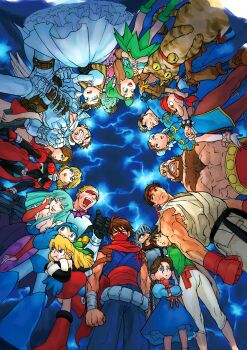 6+boys 6+girls arm_hug capcom captain_commando captain_commando_(character) chun-li cyberbots darkstalkers devilot_de_deathsatan_ix highres makaimura marvel_vs._capcom mega_man_(character) mega_man_(series) morrigan_aensland multiple_boys multiple_girls nishimura_kinu official_art omokane_saki pout quiz_nanairo_dreams roll_(mega_man) ryu_(street_fighter) saotome_jin sir_arthur_(makaimura) street_fighter strider_(video_game) strider_hiryuu zangief