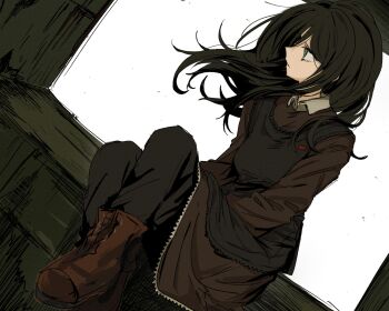 Rule 34 | 1girl, apron, black apron, black hair, boots, brown boots, commentary, english commentary, floating hair, green eyes, highres, ira grachevskaya, long hair, looking afar, migimiya yoru, school uniform, sitting, solo, soviet school uniform, windowsill, z.a.t.o. // i love the world and everything in it