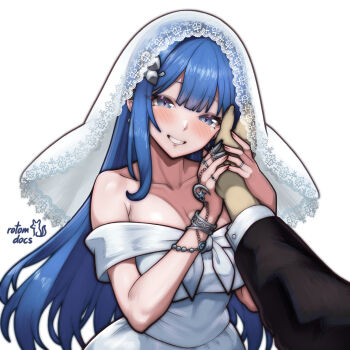 1girl arcana_(nikke) artist_logo blue_hair blush breasts bridal_veil cleavage dress goddess_of_victory:_nikke grin hair_ornament happy hetero highres large_breasts logo long_hair looking_at_viewer pov pov_hands rotomdocs simple_background smile solo_focus strapless strapless_dress veil wedding_dress white_background white_dress