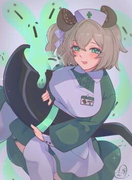 1girl absurdres animal_ears apron blonde_hair commentary english_commentary green_eyes green_shirt hair_between_eyes hair_ribbon hat highres holding holding_smoking_pipe indie_virtual_youtuber kokomi_(aniesuakkaman) looking_to_the_side name_tag naplings_(nimi_nightmare) nimi_nightmare nurse nurse_cap open_mouth oversized_object ribbon shirt side_ponytail smoking_pipe tapir_ears tapir_girl virtual_youtuber white_apron