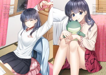 2girls arms_up bedroom black_hair black_skirt blue_eyes closed_eyes closed_mouth higurashi_kagome indoors inuyasha long_hair long_sleeves miniskirt motobi_(mtb_umk) multiple_girls page_number pleated_skirt print_skirt red_skirt shirt sitting skirt smile split_screen straight_hair stretching white_shirt