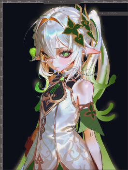 1girl art_program_in_frame bare_shoulders black_background commentary_request cowboy_shot cross-shaped_pupils detached_sleeves dress eyelashes genshin_impact green_eyes green_hair green_streaks hair_between_eyes hair_intakes hair_ornament highres leaf looking_at_viewer mi_tei multicolored_hair nahida_(genshin_impact) pointy_ears ponytail short_sleeves sidelocks signature simple_background solo streaked_hair symbol-shaped_pupils unfinished white_dress white_hair