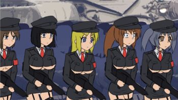 5girls animated animated_gif beast_anime black_hair blonde_hair blood blue_eyes blue_hair breasts brown_eyes brown_hair closed_mouth corpse death entrails explosion garter_straps gun guro hat holding holding_weapon large_breasts long_hair microskirt military military_hat military_uniform multiple_girls navel nipples no_bra organs original panties ponytail rifle short_hair skirt small_breasts soldier underboob underwear weapon white_panties