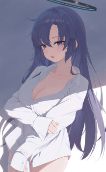 1girl absurdres black_halo blue_archive blue_eyes blush breasts buttons cleavage collarbone collared_shirt commentary day hair_between_eyes halo hand_on_own_arm highres large_breasts long_hair long_sleeves looking_at_viewer mechanical_halo multicolored_halo naked_shirt parted_lips pige_pig red_pupils shirt sidelocks sleeves_past_wrists solo standing thighs two-tone_halo very_long_hair white_background white_shirt yuuka_(blue_archive)