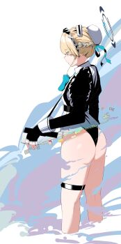 1girl absurdres apron ass belt black_dress black_gloves black_leotard blonde_hair blue_archive blue_bow blue_bowtie bow bowtie bun_cover cropped_legs digital_dissolve dress eyes_visible_through_hair fingerless_gloves gloves hair_bun halo highres leotard leotard_under_clothes long_sleeves maid_apron maid_headdress plentyofempty short_hair smoke solo thigh_strap toki_(blue_archive) white_background