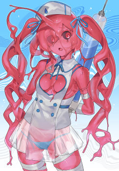 1girl absurdres arm_behind_back black_sclera blue_panties breasts cleavage_cutout clothing_cutout colored_sclera commentary eyes_visible_through_hair hair_over_one_eye hat highres holding holding_syringe long_hair looking_at_viewer medium_breasts monster_girl nurse nurse_cap open_mouth original panties red_eyes red_hair sakoku_(oyatsu3ji_) slime_girl solo symbol-only_commentary syringe twintails underwear