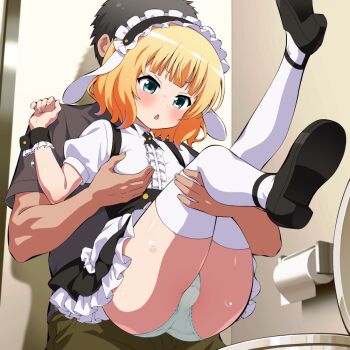 1boy 1girl animal_ears apron black_hairband black_skirt blonde_hair blush center_frills fake_animal_ears fleur_de_lapin_uniform frilled_apron frilled_hairband frilled_shirt frills gochuumon_wa_usagi_desu_ka? hairband hemonemo hetero kirima_syaro loli lolita_hairband miniskirt panties puffy_short_sleeves puffy_sleeves rabbit_ears shirt short_hair short_sleeves skirt thighhighs underbust underwear white_apron white_panties white_shirt white_thighhighs wrist_cuffs