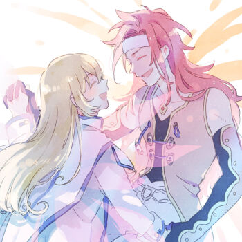 Rule 34 | 1boy, 1girl, bare shoulders, black shirt, blonde hair, blue trim, brown vest, closed eyes, colette brunel, commentary request, couple, detached sleeves, dress, hair between eyes, headband, hetero, highres, holding hands, interlocked fingers, jacket, light blush, long hair, naonaomo, open mouth, red hair, shirt, smile, tabard, tales of (series), tales of symphonia, upper body, vest, white dress, white headband, white tabard, zelos wilder