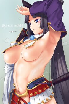 1girl arm_up armor armpits asymmetrical_sleeves bare_shoulders black_hair blue_eyes blue_panties blush breasts detached_sleeves fate/grand_order fate_(series) female_focus gachou hair_bun highres japanese_armor katana kusazuri large_breasts long_hair mismatched_sleeves navel open_mouth panties parted_bangs pom_pom_(clothes) revealing_clothes shoulder_armor side_ponytail simple_background single_hair_bun sode solo sweat sword underboob underwear ushiwakamaru_(fate) ushiwakamaru_(second_ascension)_(fate) very_long_hair weapon wide_sleeves