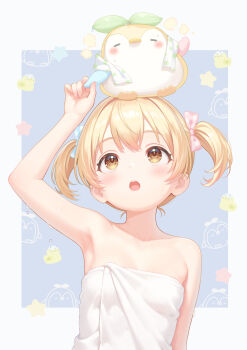 1girl arm_up armpits bare_shoulders bird blonde_hair blue_bow blush border bow breasts brown_eyes collarbone commentary_request dot_nose double-parted_bangs grey_border hair_bow highres looking_up minami_mii naked_towel open_mouth original outside_border paid_reward_available penguin pink_bow rebun short_hair sidelocks simple_background small_breasts smile solo teeth towel twintails upper_body upper_teeth_only