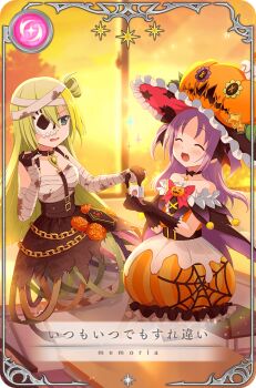 2girls ^_^ alina_gray alina_gray_(halloween_ver.) aqua_eyes artist_request bandaged_arm bandaged_chest bandaged_head bandages bare_shoulders belt belt_buckle belt_collar black_belt black_bow black_cape black_choker black_gloves black_hat black_pantyhose black_skirt blunt_ends book bow bow_choker bowtie box brooch buckle cape card_(medium) carnation chain chest_jewel choker closed_eyes coffin collar cross-laced_clothes cross-laced_dress dot_nose dress flower frilled_dress frilled_headwear frills full_body furrowed_brow game_cg gem giving gloves gold_buttons gold_chain green_gemstone green_hair hair_between_eyes hair_bow hair_bun half_mask halloween halloween_costume happy hat hat_ornament holding holding_box indoors jack-o&#039;-lantern jack-o&#039;-lantern_brooch jack-o&#039;-lantern_hat jewelry juice_box kneeling large_hat leaf_hat_ornament light_blush long_hair magia_record:_mahou_shoujo_madoka_magica_gaiden mahou_shoujo_madoka_magica mask medium_skirt misono_karin misono_karin_(halloween_ver.) multiple_belts multiple_girls nervous off-shoulder_dress off_shoulder official_alternate_costume official_art open_mouth orange_dress orange_flower orange_hat orange_skirt pantyhose picture_frame pink_hat pom_pom_(clothes) pumpkin_skirt purple_cape purple_hair red_bow red_bowtie short_dress single_side_bun skirt skull_mask smile sparkle star_(symbol) star_hat_ornament star_print straight_hair sun sunset translated tree two-sided_cape two-sided_fabric two-sided_headwear two-tone_headwear two_side_up wavy_mouth white_mask window witch_hat yellow_gemstone