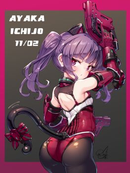 1girl alice_gear_aegis animal_ears arm_up black_pantyhose border bow breasts cat_ears cat_tail character_name collared_leotard commentary_request doyouwantto dual_wielding fake_animal_ears fake_tail from_behind gloves highleg highleg_leotard highres holding holding_weapon ichijou_ayaka leotard long_hair looking_at_viewer looking_back mechanical_arms mechanical_ears mechanical_tail pantyhose purple_eyes purple_hair red_border red_bow red_gloves red_leotard sideboob small_breasts solo tail tail_bow tail_ornament twintails weapon