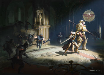 1girl 6+boys adeptus_custodes aquila_(symbol) armor armored_boots attack baggy_clothes bandaged_arm bandages bare_arms battle belt_buckle bird black_hair blonde_hair boots breastplate broken_pillar buckle chandelier club club_(weapon) damaged debris destruction directed-energy_weapon eagle embers energy_gun energy_weapon faulds fighting_stance from_behind from_side full_armor full_body gas_mask gauntlets gloves glowing glowing_weapon gold gold_armor greaves guardian_spear gun highres holding holding_polearm holding_sword holding_weapon imperial_aquila imperium_of_man incoming_attack indoors japanese_armor jumping kubrick_stare laser_gun laser_weapon lasgun laurel_crown light_rays long_hair looking_at_another mask multiple_boys muscular muscular_male no_headwear official_art pauldrons pelvic_curtain pillar polearm power_armor rifle rubble ruins running short_hair shoulder_armor signature anathema_psykana sode sparks spiked_club stained_glass standing stanton_feng statue sunbeam sunlight sword tanau_aleya temple valerian very_long_hair vignetting warhammer_40k weapon wide_shot