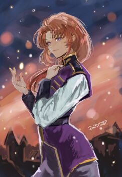 1girl city closed_mouth commentary english_commentary gundam gundam_unicorn highres long_hair looking_at_viewer marida_cruz military military_uniform okrdisk2000 orange_hair ponytail purple_eyes smile snow solo