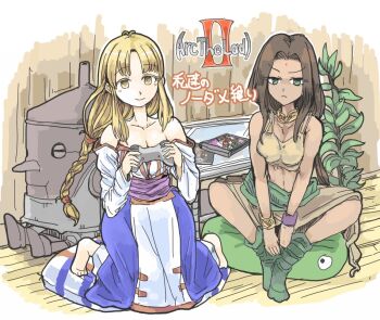 2girls arc_the_lad arc_the_lad_ii bare_shoulders barefoot bindi breasts brown_hair closed_mouth crop_top dark-skinned_female dark_skin diekbeck_(arc_the_lad) dress facial_mark green_eyes jewelry lieza_(arc_the_lad) long_hair looking_at_viewer low-tied_long_hair medium_breasts midriff multiple_girls playstation_controller sania_(arc_the_lad) satsuki_(itome) smile tank_top yellow_tank_top