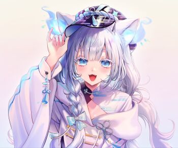 1girl animal_ears blue_bow blue_eyes blunt_bangs bow braid cat_ears clothing_cutout colored_eyelashes fangs hair_bow hand_up highres long_hair long_sleeves looking_at_viewer original side_braid white_background white_hair will-o&#039;-the-wisp_(mythology) yp1091