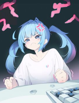 1girl absurdres anger_vein arahashi_tabi blue_eyes blue_hair clenched_hands closed_mouth commentary_request computer_keyboard frown frustrated grey_background highres korean_commentary long_hair multicolored_hair shirt solo stellive streaked_hair table tearing_up three-quarter_sleeves thumbsup_stella twintails v-shaped_eyebrows virtual_youtuber white_shirt