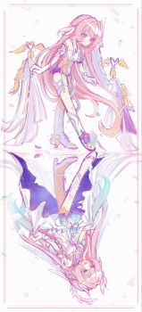 2girls black_shorts boots commentary company_connection corset cyrene_(honkai:_star_rail) cyrene_(ripples_of_past_reverie)_(honkai:_star_rail) dress elysia_(herrscher_of_human:_ego)_(honkai_impact) elysia_(honkai_impact) english_commentary gloves halo high_heels highres honkai:_star_rail honkai_(series) honkai_impact_3rd inoue_marina mi_(27782900) multicolored_hair multiple_girls pink_hair purple_eyes short_shorts shorts simple_background smile two-tone_hair voice_actor_connection white_background white_boots white_corset white_dress white_gloves white_hair yanning