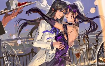 2girls alcohol arms_around_neck ayame_en_(ouge_dz) bare_shoulders black_gloves black_hair black_shirt blue_eyes bow bowtie buttons candlestand chair closed_mouth coat cocktail_glass collared_shirt cowboy_shot crossdressing crossdressing_(ftm) cup dress drinking_glass drinking_straw elbow_gloves evening eye_contact eyelashes floating_clothes floating_hair food formal_clothes gloves hair_ornament hairclip hand_on_another&#039;s_back hand_on_another&#039;s_hip highres holding holding_tray hug layered_sleeves long_dress long_hair long_sleeves looking_at_another multiple_girls open_mouth original ouge_dz outdoors purple_bow purple_bowtie purple_dress purple_eyes purple_hair shirt skyline sleeve_cuffs sleeveless sleeveless_dress smile standing table tray veil very_long_hair waiter white_coat white_veil wine wings yuri yuri_chie_(ouge_dz)