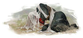 1boy absurdres black_coat border bound bound_torso charon_(reverse:1999) coat commentary_request covered_face dirt fading_border flower highres kneeling korean_commentary leaning_to_the_side male_focus nell_ro poppy_(flower) red_flower restrained reverse:1999 solo tied_up_(nonsexual) veil white_background white_veil