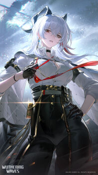 1girl absurdres arm_pouch armband black_armband black_choker black_gloves black_horns black_pants breasts button_gap chest_harness chinese_text choker chromatic_aberration clothes_grab collared_shirt commentary curled_horns earrings english_commentary gloves hand_on_own_hip harness high-waist_pants highres horns jewelry key key_earrings key_necklace large_breasts logo long_hair looking_at_viewer multicolored_hair necklace necktie necktie_grab neckwear_grab official_art pants parted_lips pouch red_eyes red_necktie shirt shirt_tucked_in solo streaked_hair tight_clothes tight_pants white_shirt wuthering_waves zani_(wuthering_waves)