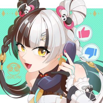 1girl bare_shoulders black_hair braid breasts detached_sleeves dialyn_(zenless_zone_zero) highres looking_at_viewer medium_breasts multicolored_hair nail_polish open_mouth phone smile solo split-color_hair thumbs_down thumbs_up tsukiyotake545 twitter_username upper_body white_hair zenless_zone_zero