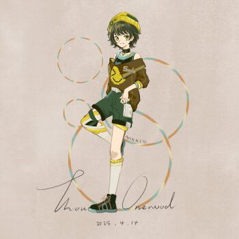 1girl absurdres asymmetrical_legwear bare_shoulders beanie belt belt_buckle black_collar black_hair black_shoes black_tank_top brown_background brown_shirt buckle collar collared_shirt copyright_name dated english_text full_body green_shorts hair_ornament hairclip happy hat high-waist_shorts highres hoop hula_hoop knee_pads kneehighs layered_shirt leg_up light_blush looking_at_viewer marking_on_cheek nikki_(series) o-ring_collar off-shoulder_shirt off_shoulder open_mouth pantyhose pocket qianyimuthyimu shirt shoes short_hair shorts simple_background single_kneehigh single_leg_pantyhose single_sock smile smiley_face sneakers socks solo standing stylist_(nikki) tank_top teeth tomboy white_belt white_pantyhose white_socks x_hair_ornament yellow_eyes yellow_hat